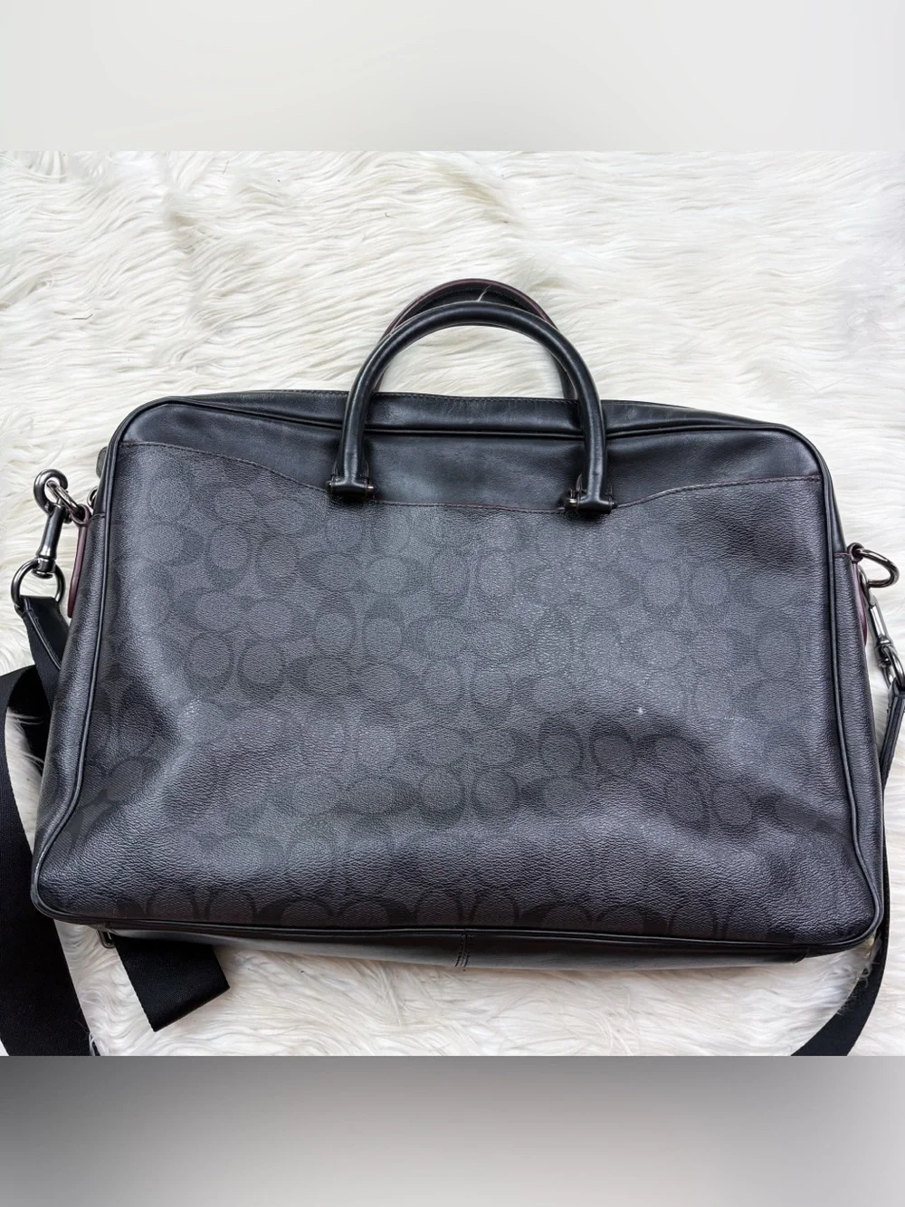 Coach Beckett Slim Brief Case Signature Coated Canvas Leather Brown Black Mens